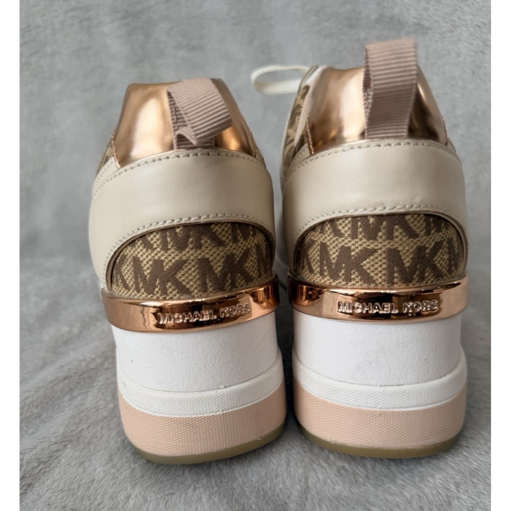 Michael Kors Rose Gold Georgie Trainer Sneakers Heels SZ 9 Leather Canvas Pink - Picture 6 of 9